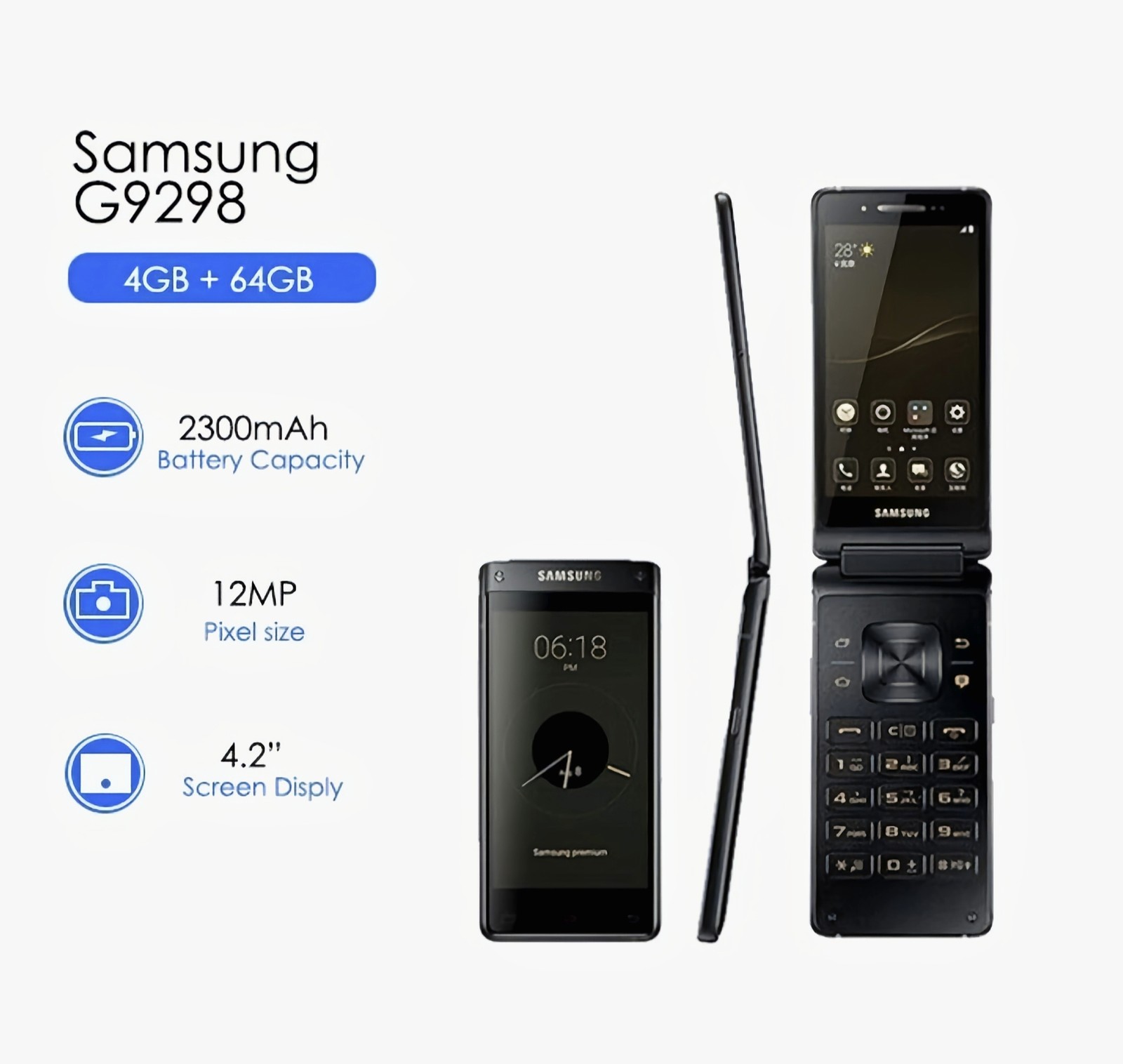 Samsung G9298 Original Unlocked 12MP 4.2 inches 64GB ROM Dual SIM Flip Phones colors black